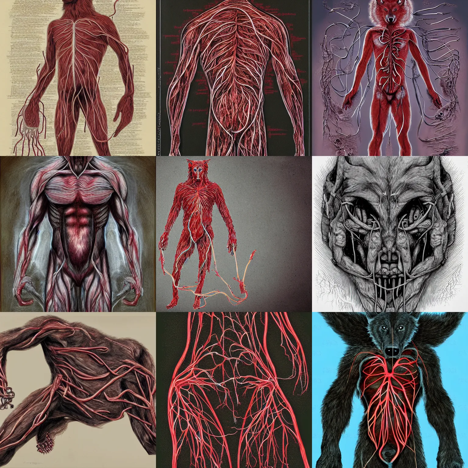 Prompt: the circulatory system of a werewolf plastinated by gunther van hagens