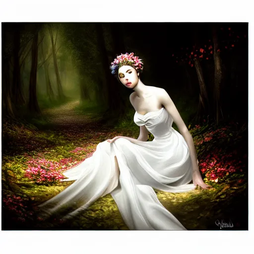 Prompt: a picture of a beautiful woman in a white organza dress and covered in flowers and leaves sitting sitting in an enchanted forest, high fantasy, elegant, epic, detailed, intricate, digital painting, concept art, realistic detailed face, smooth, focus, volumetric light and rim light,