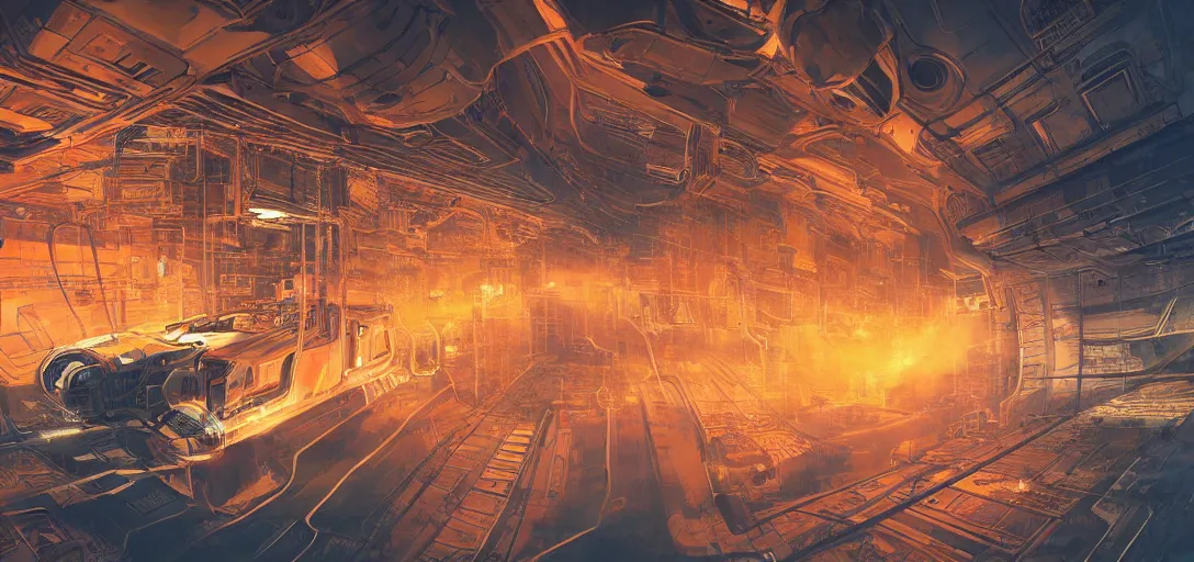 Image similar to epic sci - fi mothership interior and exteror - machinery, tubes wires path intricate high detail matte painting masterpiece orange blue warm tones quiet