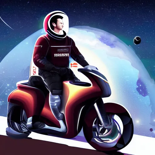 Image similar to elon musk riding motorcycle in space, digital art