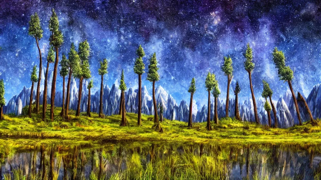 Prompt: a mirror landscape view, mirror sky, stars made of mirrors in the sky, mirror waterfall, mirror grass, weird mirror trees, mirror mountains, epic composition, colorful, 4 k, detailed, realistic