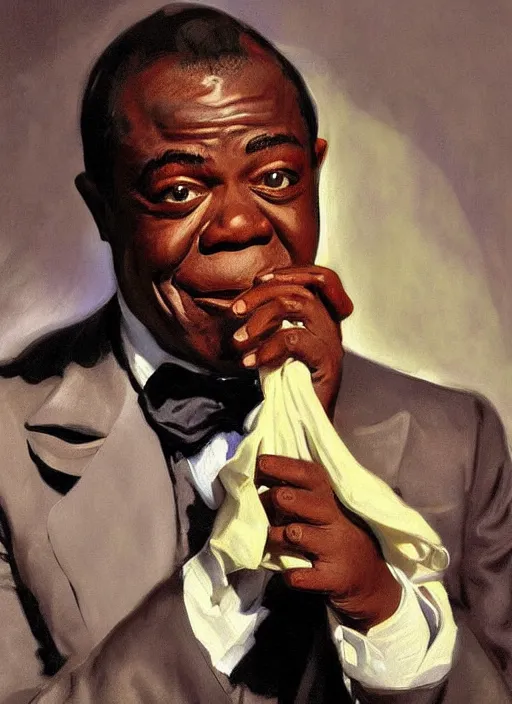 Prompt: a portrait of louis armstrong holding a white handkerchief, by john singer sargent, dramatic lighting, highly detailed digital painting