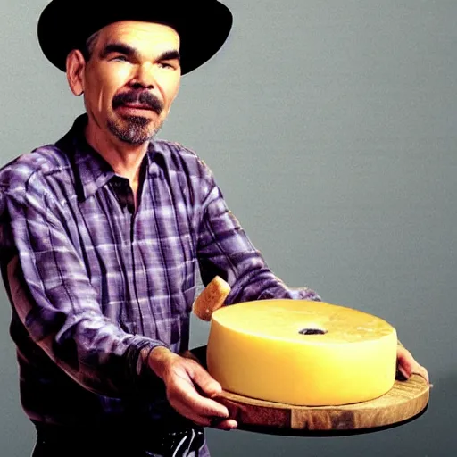 Prompt: billy bob thornton eating a large wheel of cheese,