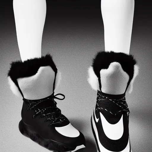 Prompt: nike shoe made of very organic structure fluffy black and white faux fur placed on reflective surface, professional advertising, overhead lighting, heavy detail, realistic by nate vanhook, mark miner