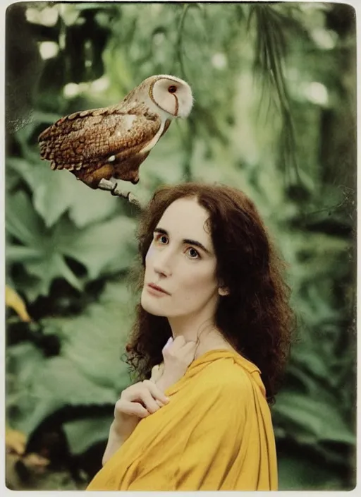 Prompt: Pre - raphaelit grainy head to shoulder portrait Polaroid film photograph of an elegant lovely woman wearing a yellow kimono with a very detailed barn owl on her shoulder!!! in a tropical greenhouse. looking at the camera!!. slight smile. super resolution. Extremely detailed. face like Jennifer Connelly. Polaroid 600 film.