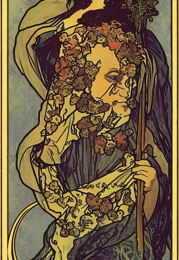 Image similar to geoffrey hinton in a crown on a tarot card, tarot in art style by alphonse mucha