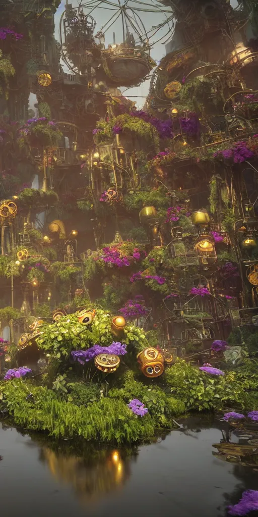 Image similar to alien tech flowers on steampunk land by pixar, smooth, cinematic, wet reflections, ray tracing x, rtx, smooth