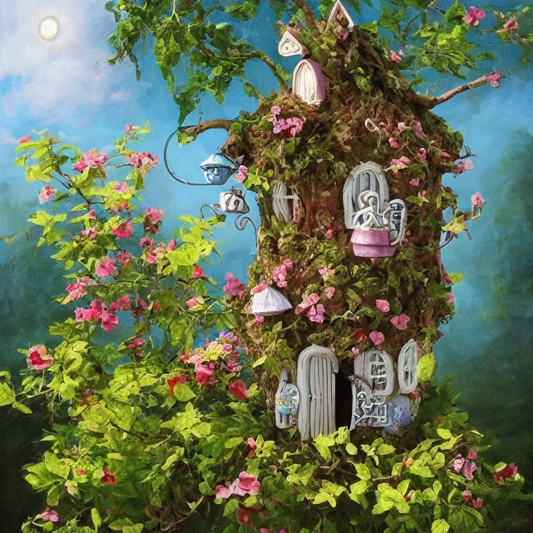 Prompt: a whimsical teapot fairy house hanging from a flowering branch by Alex Horley-Orlandelli, evening light