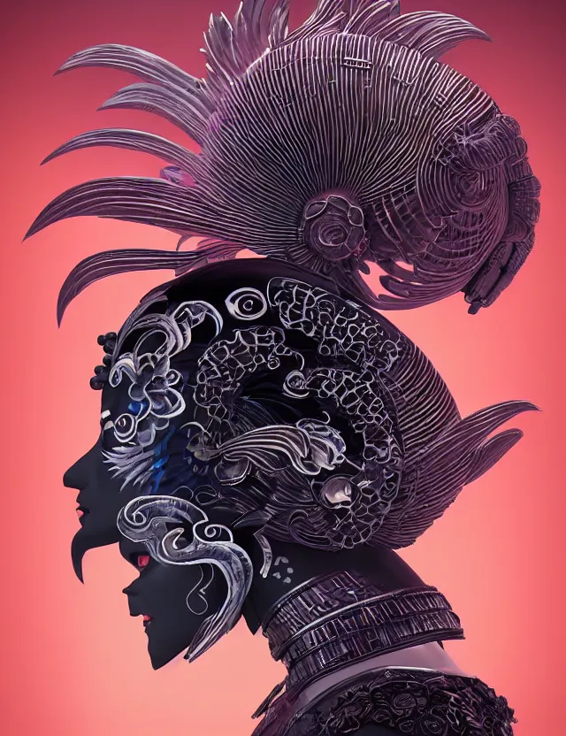 Image similar to 3 d goddess close - up profile simple portrait punk with mohawk with ram skull. beautiful intricately detailed japanese crow kitsune mask and clasical japanese kimono. betta fish, jellyfish phoenix, bio luminescent, plasma, ice, water, wind, creature, artwork by tooth wu and wlop and beeple and greg rutkowski