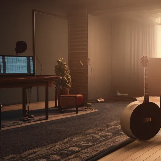 Image similar to A Nordic recording a disc in the music studio, unreal engine, cinema4D, octane render, Detailed, cinematographic