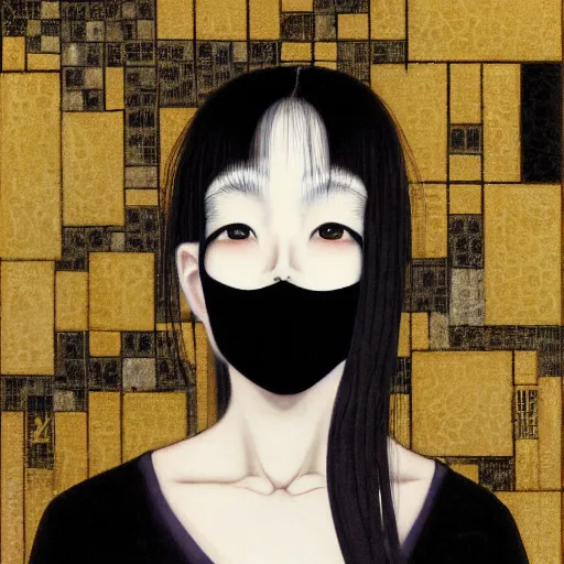 Image similar to yoshitaka amano blurred and dreamy realistic portrait of a young woman with black lipstick and black eyes wearing mask and dress suit with tie, junji ito abstract patterns in the background, face in three quarter view, satoshi kon anime, noisy film grain effect, highly detailed, renaissance oil painting, weird portrait angle, blurred lost edges