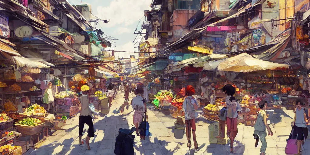 Image similar to Concept art by Makoto Shinkai of a lively, full of life market with merchants spread along an alley full with human activities, Bangkok old city, Bangkok shophouses, vivid, sunny.