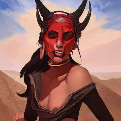 Prompt: portrait of a berber tiefling woman with red skin, devil horns and black hair in a ponytail wearing a steel chestplate in a desert, half body, single subject, ambient lighting, highly detailed, digital painting, trending on pixiv fanbox, studio ghibli, extremely high quality artwork, art by ross tran and artgerm and makoto shinkai