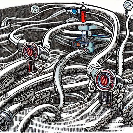 Image similar to detailed, intricate, colour, comic style illustration of a robotic hydra with jack cable tentacles, inside a huge cave made of pro audio equipment