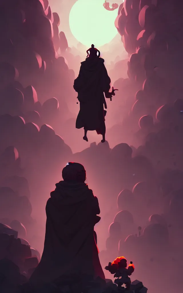 Prompt: Old wise Monk leading a Lost Soul through a vast dark world with Broken Stone Statues, in the Style of Atey Ghailan and Mike Mignola and Artgerm, vibrant colors, hard shadows, Comic Cover Art, trending on artstation