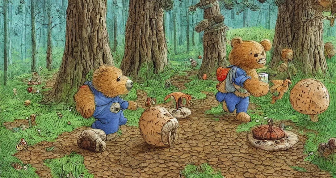 Prompt: teddy bear traveling on a forest road, with by lots of different kind on animals, small and big fairy tale buildings, giant mushrooms, weird creatures, highly detailed, fantasy art, fairy tale illustration, book illustration, by sven nordqvist, by chris riddell, by tove jansson