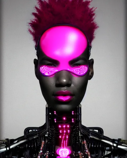 Image similar to portrait of a beautiful black woman with pink hair as a cyberpunk cyborg half robot, revealing wires and electronics, hooked - up, sci - fi, missing panels, intricate abstract upper body intricate artwork, concept art, octane render, deviantart, cinematic, key art, hyperrealism, iridescent accents, portrait photograph, nikon 3 5 mm, photograph by greg rutkowski