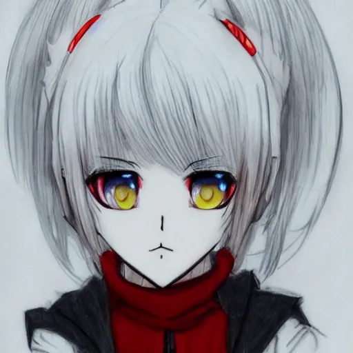 Image similar to white hair, red eyes, two small horn on the head, anime style, anime girl, sketch