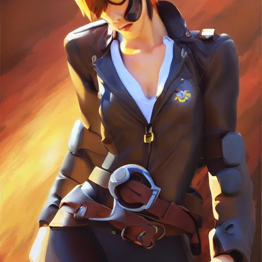 Image similar to oil painting of tracer overwatch in a field wearing large leather belt choker around neck, in style of mark arian, expressive face, detailed face, detailed eyes, full body, feminine face, tracer overwatch,