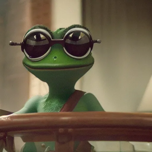 Prompt: pepe the frog in a movie directed by Christopher Nolan, movie still frame, promotional image, imax 70 mm footage
