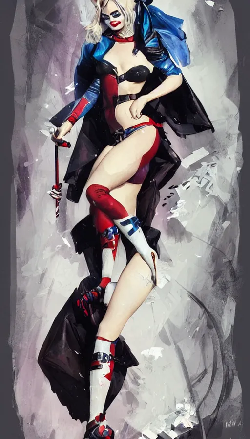 Image similar to margot robbie as harley quinn in a pin - up pose by artgerm, greg rutkowski and alphonse mucha, concept art, matte, intricate, full body