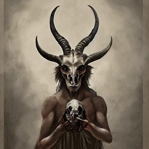 Prompt: baphomet with goat horns holding an animal skull, style of da vinci, horror, fantasy illustration, by greg rutkowski