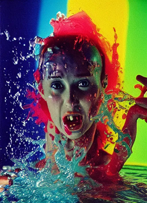 Prompt: detailed color analog medium format photo made by harmony korine, polaroid closeup photo of weird bald hag getting splashed by colorful water in studio, rim light, shot with a camera flash, high production value, intricate details, hyperrealistic, photorealistic, high definition, award - winning photography, masterpiece