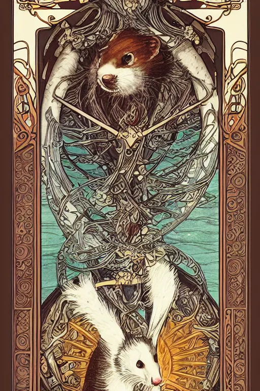 Image similar to Tarot card illustration of The Stoat, illustration by Ayami Kojima, art nouveau style, elaborate details, 4k