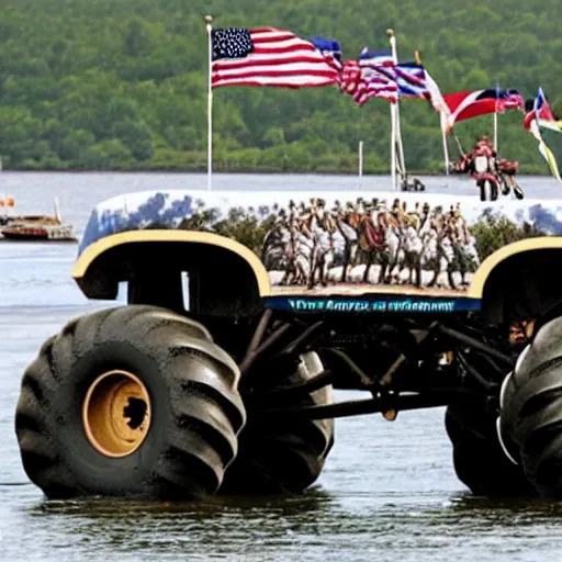 Image similar to Washington crosses the Delaware in a monster truck