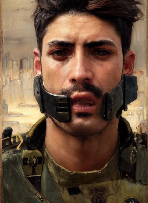 Image similar to Hector. cyberpunk pilot wearing military vest. attractive face. Iranian orientalist portrait by john william waterhouse and Edwin Longsden Long and Theodore Ralli and Nasreddine Dinet, oil on canvas. Cinematic, hyper realism, realistic proportions, dramatic lighting, high detail 4k