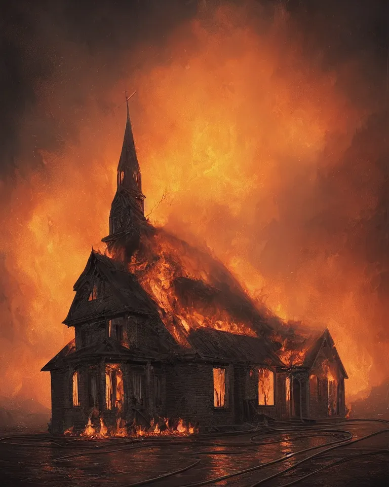 Image similar to a beautiful hyperrealistic architecture painting of a detailed burning church on fire by Alena Aenami, Anton Semenov, Alejandro Burdisio, trending on artstation, wikiart, gigantic, octane render, brilliantly coloured, intricate, ultra wide angle, trending on artstation, dusk, smoke, embers, flames, volumetric lighting, polished, micro details, ray tracing, 8k