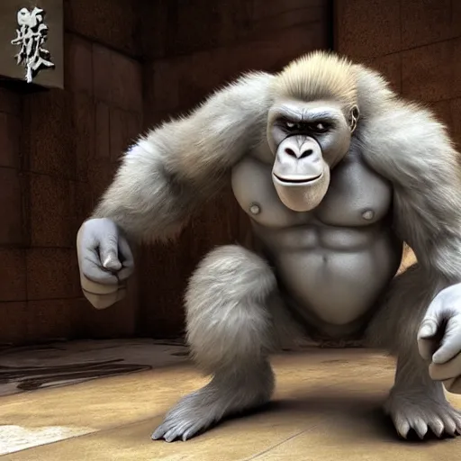 Image similar to angry tough rough looking albino gorilla. scars, battle damage, scratched armor, interesting 3 d character concept by square enix, rough game art, hyper detailed, character modeling, cinematic, final fantasy, video game character concept, ray tracing, fur details, maya, c 4 d