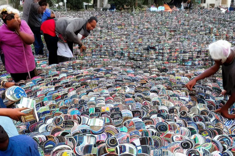 Prompt: sugondese people sorting a giant pile of compact discs