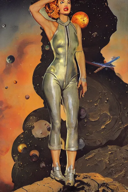 Image similar to 5 0 s pulp scifi fantasy illustration full body portrait slim woman on rocky mars, background of spaceship space nebula, by norman rockwell, roberto ferri, daniel gerhartz, edd cartier, jack kirby, howard v brown, ruan jia, tom lovell, frank r paul, jacob collins, dean cornwell, astounding stories, amazing, fantasy, other worlds