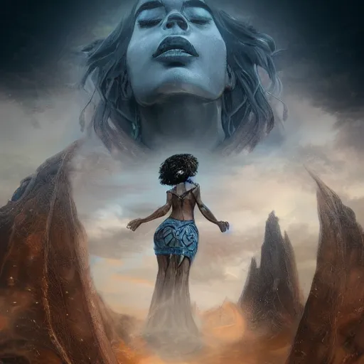 Image similar to a colossal goddess from above, creative, brown skin, giant, digital art, city, town, highly detailed, photo manipulation, up there, dark clouds, dark gray hair, digital painting, on fire, smoke, artstation