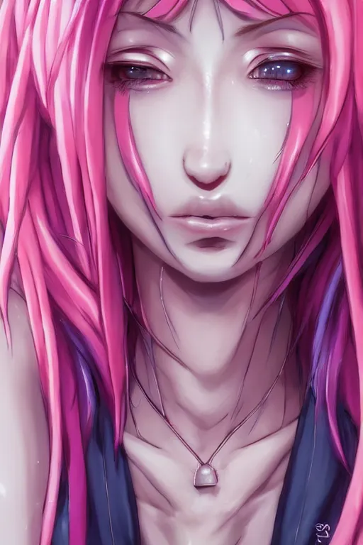 Image similar to portrait of an anime manga girl with pink and white dreads, straight on portrait, by artgerm, james jean, tom bagshaw, gerald brom, vaporwave colors, lofi colors, vaporwave, lofi, goth vibe, 4 k, smooth, hd, substance designer render, full body character concept art, symmetrical,