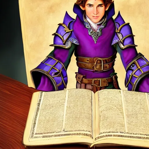 Image similar to d & d realistic painting portrait of a cheerful half elf male bard wearing a ornate purple leather armor. medium length brown hair, well groomed with brown eyes. clean shaven. holding a leather bound book open and writing in it with a fountain pen. sitting at a tavern table. hyper detailed