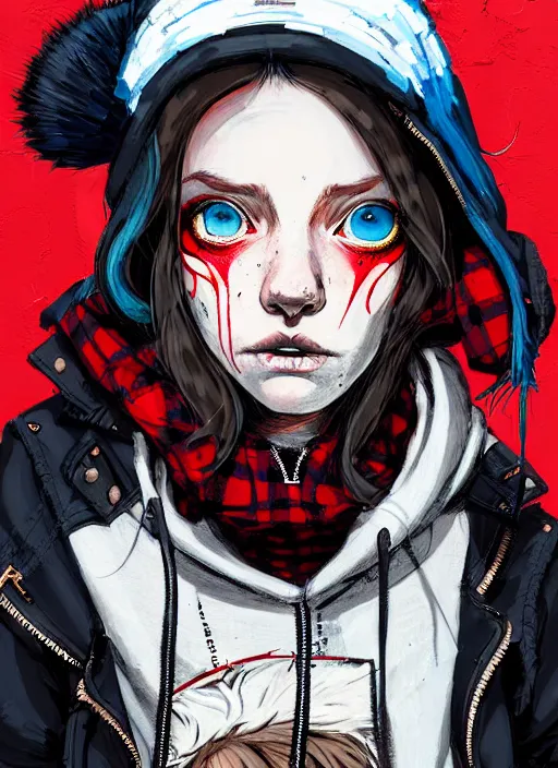 Prompt: highly detailed portrait of an new york sewer punk lady student, blue eyes, tartan hoody, hat, white hair by atey ghailan, by greg tocchini, by kaethe butcher, by james gilleard, gradient red, black, brown, cream and white color scheme, grunge aesthetic!!! ( ( graffiti tag wall ) )