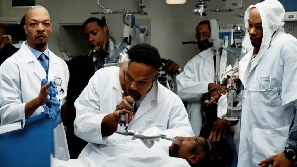 Image similar to Dr. Dre in surgeon scrubs in an emergency room, treating Snoop Dogg