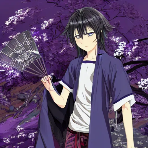 Image similar to anime teenager boy with straight indigo hair, purple eyes with red eye markers, slim body, wearing a detailed Japanese kimono, holding a japanese fan, Super-Resolution, HSL, 2-bit, VR, Uniform, Nano, Senary, RTX, insanely detailed and intricate, hypermaximalist, elegant, ornate, hyper realistic, super detailed, full body, full body shot, full image