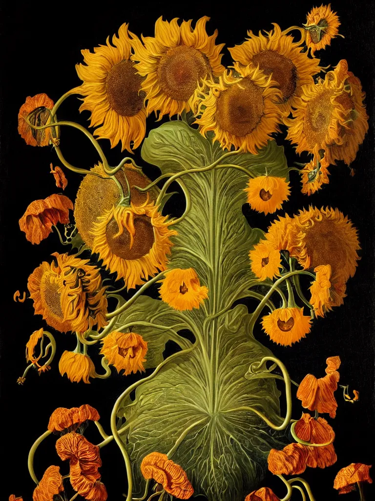 Image similar to dutch golden age bizarre sunflower portrait made from flower floral still life with very detailed nasturtium vines disturbing fractal forms sprouting up everywhere by rachel ruysch black background chiaroscuro dramatic lighting perfect composition high definition 8 k oil painting with black background by christian rex van dali todd schorr of a chiaroscuro portrait recursive masterpiece obscuring features lighting perfect composition