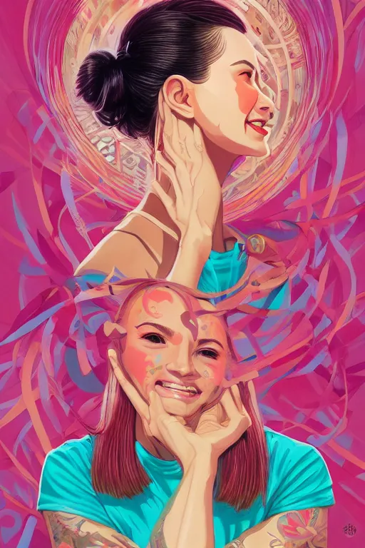 Prompt: a pretty girl smiling, Tristan Eaton, victo ngai, artgerm, RHADS, ross draws