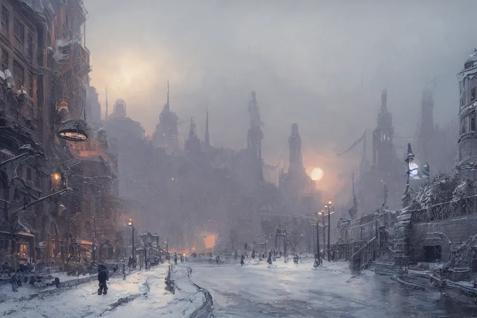 Image similar to highly detailed painting of dieselpunk stockholm, winter, snow, river, by greg rutkowski, 4 k resolution, trending on artstation