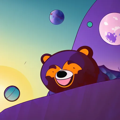 Image similar to cartoon animated illustration of a bear mascot being launched from a futuristic marble planet, purple and orange cloudland