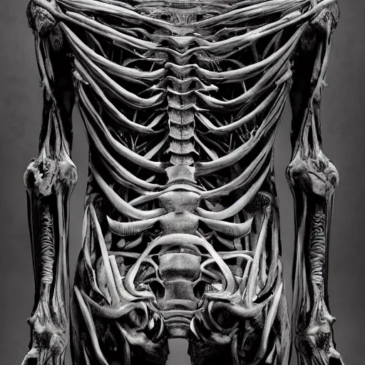 Image similar to cinematic scene of a detailed and intricate design of the back of full woman body wrapped in bones, close up, photo real, intrincate, in the style of giger, studio shot, dark shadows, creepy, nightmarish, dynamic lighting, great finesse organic hyper detailed, engineering blueprints, technical drawings, calculus, stained paper, hyperrealistic, ultra detailed, 16K, unreal engine, trending on artstation