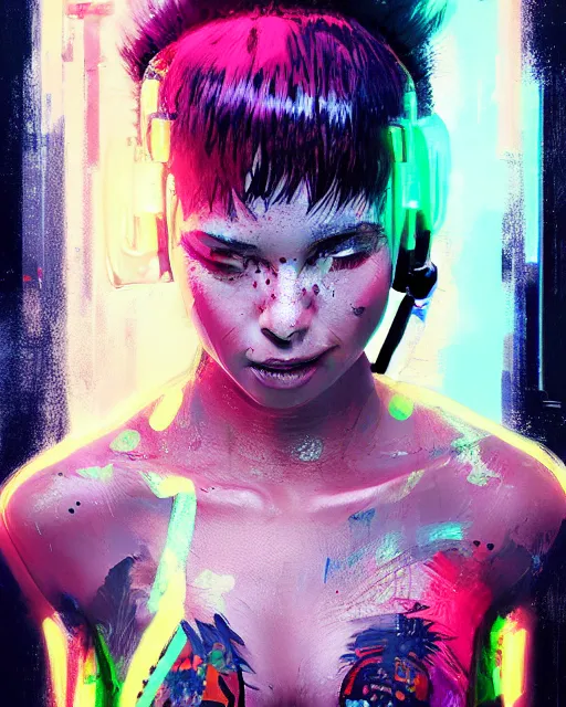 Image similar to detailed portrait Neon boxer Girl, cyberpunk futuristic neon, reflective crop top and shorts, boxing gloves, decorated with traditional Japanese ornaments by Ismail inceoglu dragan bibin hans thoma greg rutkowski Alexandros Pyromallis Nekro Rene Maritte Illustrated, Perfect face, fine details, realistic shaded, fine-face, pretty face