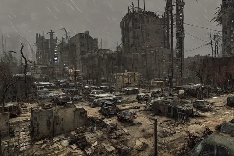 Image similar to rainy!!, ruined city!!, fallout, post apocalyptic, dystopian, futuristic machines