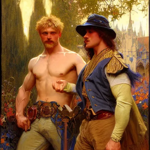 Image similar to attractive muscular arthur pendragon and muscular attractive merlin go to a pub together to have some drinks. highly detailed painting by gaston bussiere, craig mullins, j. c. leyendecker, alphonse mucha 8 k