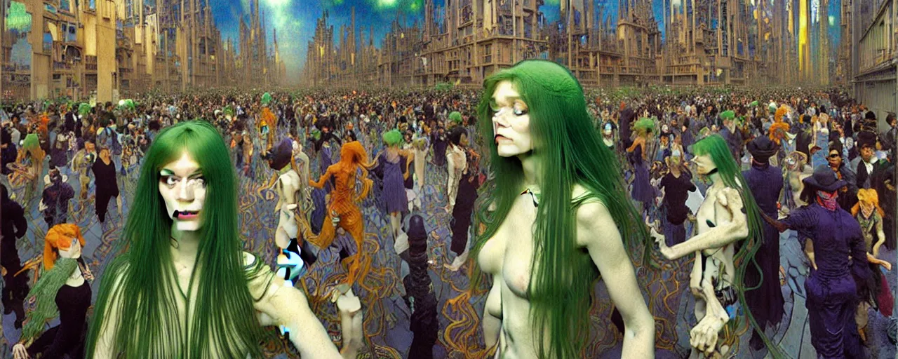 Image similar to realistic extremely detailed full height portrait painting of a ghost girl with green hair in a crowded sci-fi city street, very detailed crowd by Jean Delville, Amano, Yves Tanguy, Alphonse Mucha, Ernst Haeckel, Edward Robert Hughes, Roger Dean, rich moody colours, blue eyes