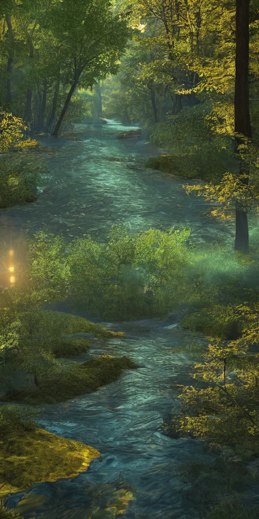 Prompt: river in a forest, golden hour, ray tracing reflection, 8k, hyper realistic, insainly detailed, hdr, octan render